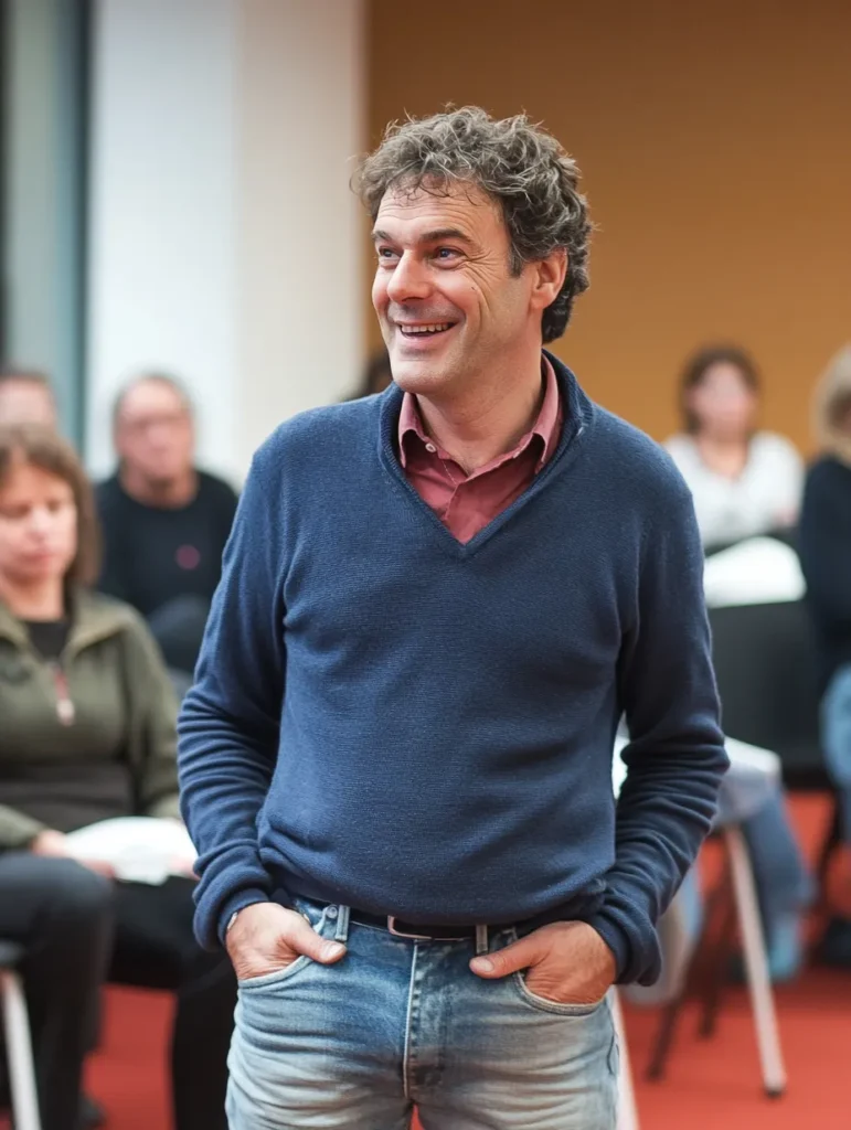 homme souriant dans un salle de conférence