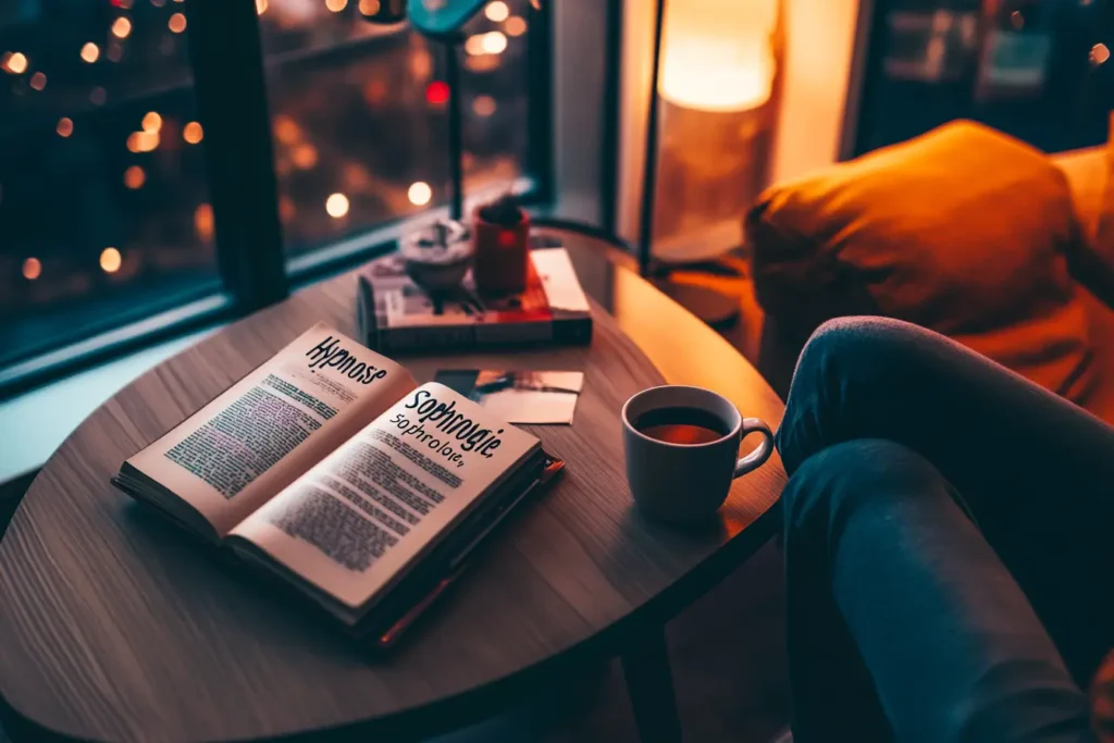 livre ouvert et tasse de café sur une petite table